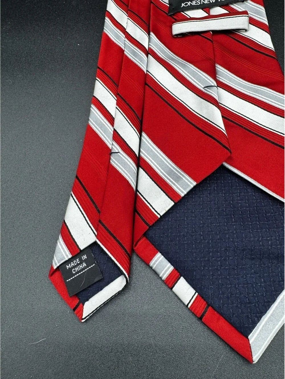 Jones New York Silk Tie Red White Gray Striped Wide 60”x4” Teacher Preppy School